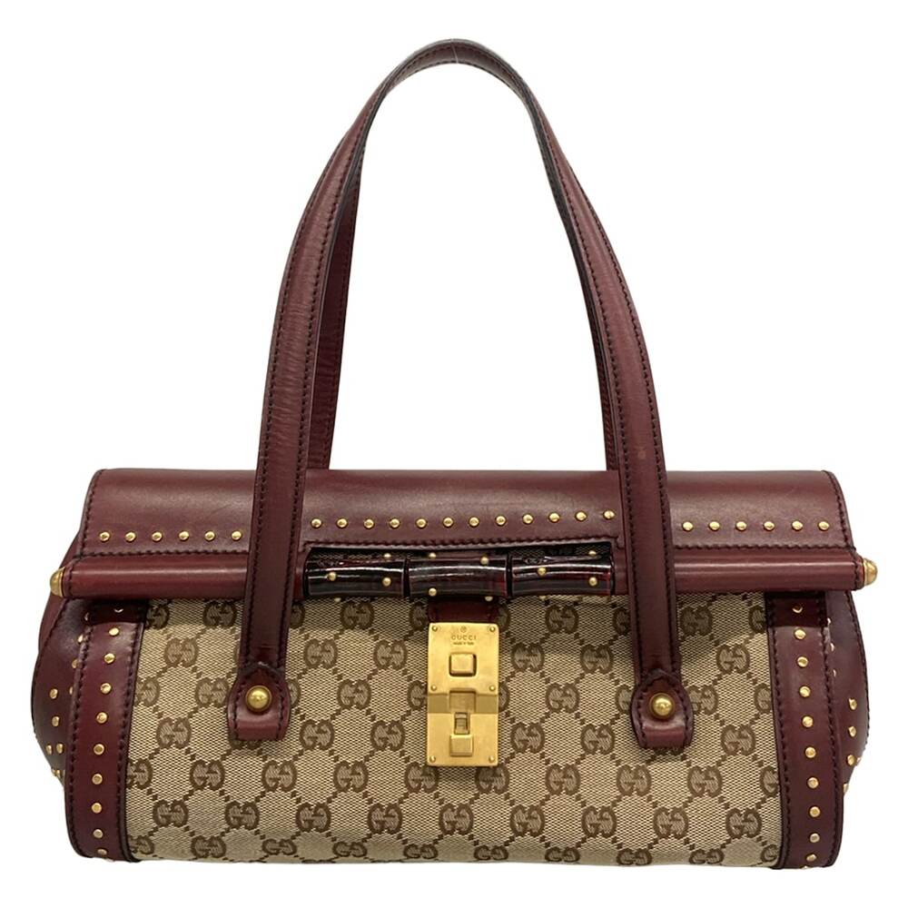 Gucci Bamboo Bullet Handbag 114993 Beige Bordeaux Canvas Leather